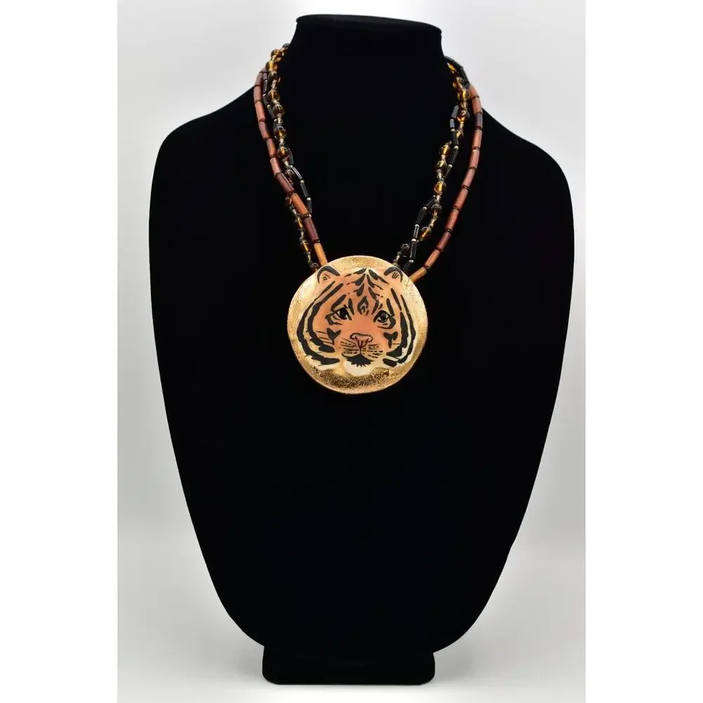 Carol Halmy Vintage Ceramic Beaded Necklace Hand Made Tiger Golden Signed Bin4A